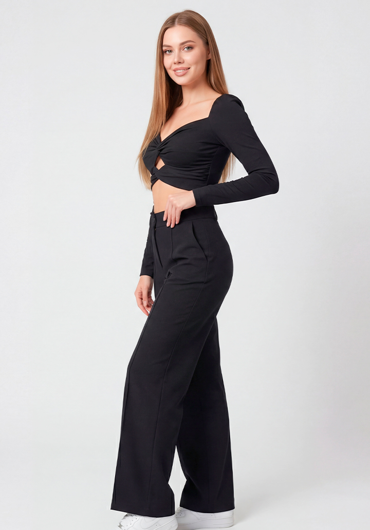 Kadın Göğüs Dekolteli Yüksek Bel Pantolon ve Crop Bluz İkili Takım - 2