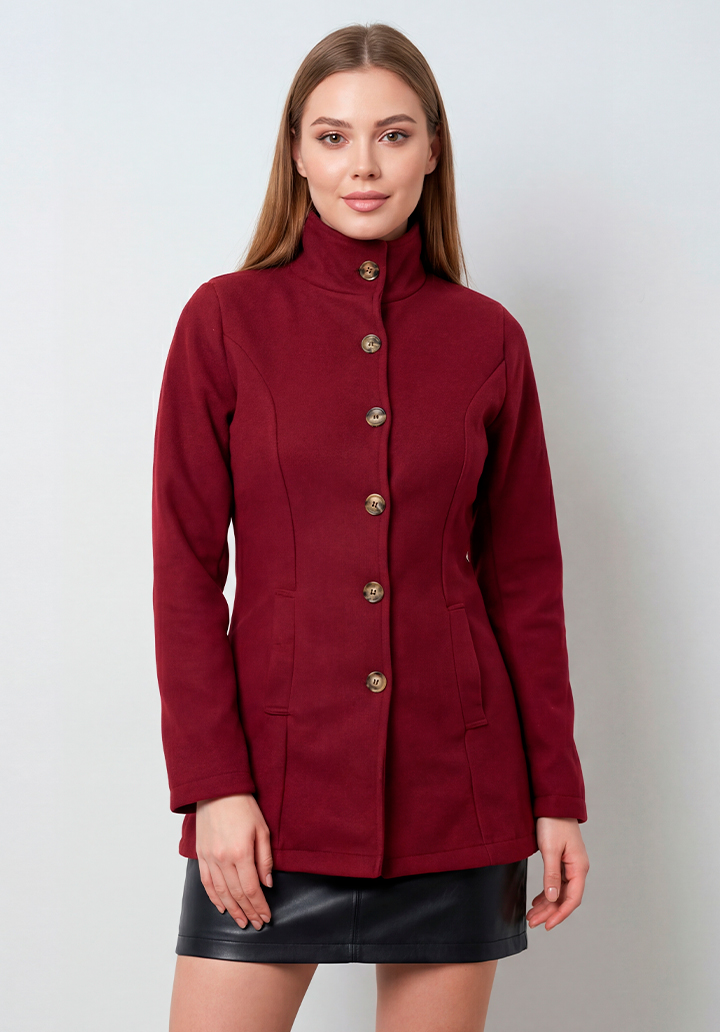 Kadın Bordo Dik Yaka Düğmeli Astarsız Kaşe Kaban - 2