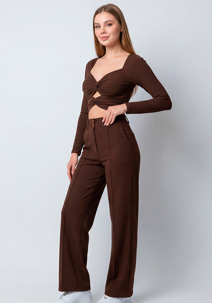 Kadın Göğüs Dekolteli Yüksek Bel Pantolon ve Crop Bluz İkili Takım - 2