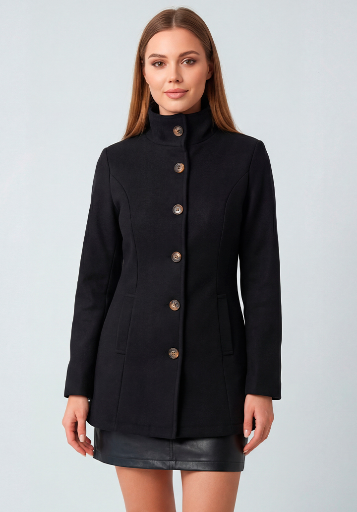 Kadın Bordo Dik Yaka Düğmeli Astarsız Kaşe Kaban - 2