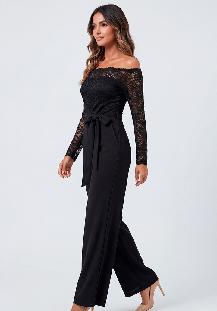 Siyah Kadın Dantel Detaylı Krep Kumaş Madonna Yaka Abiye Tulum - 2