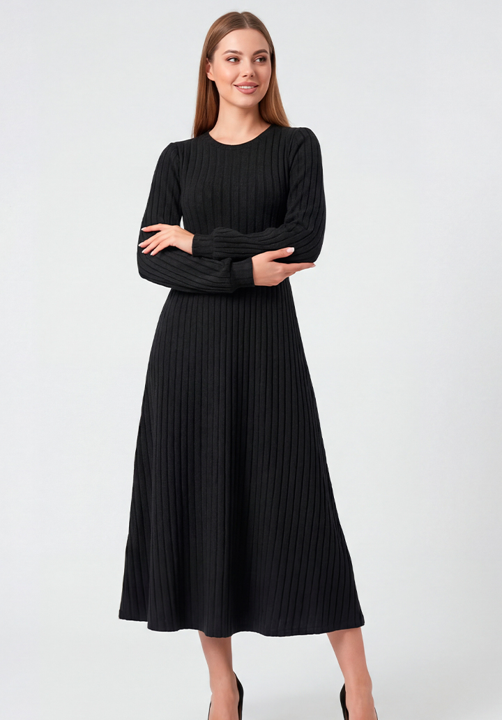 Kadın Siyah Bisiklet Yaka Belden Oturtmalı Kaşkorse Midi Boy Elbise - 2