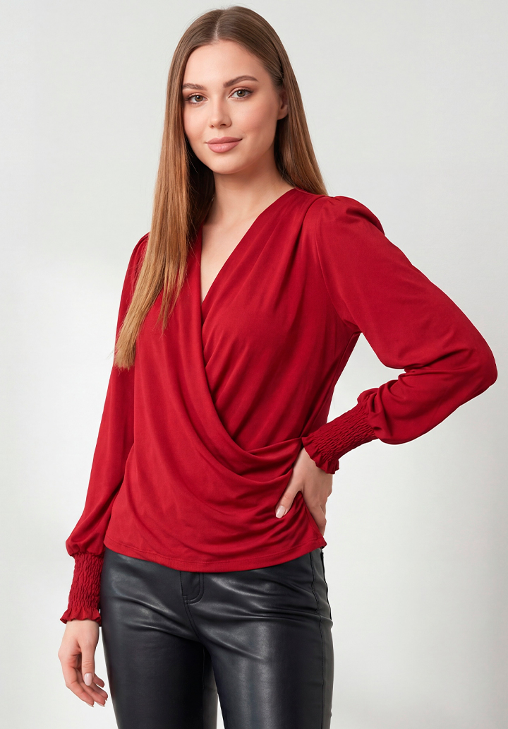 Kadın Kırmızı Kruvaze Yaka Dökümlü Kol Ucu Gipeli Şık Bluz - 2