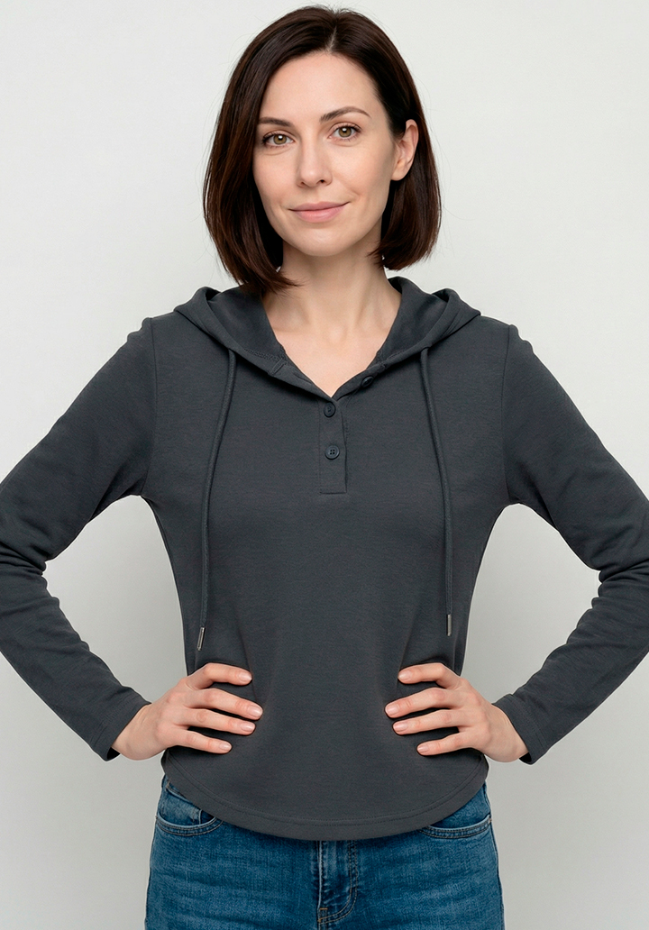 Kadın Düğme Yakalı Kapüşonlu İki İplik Bluz - 2