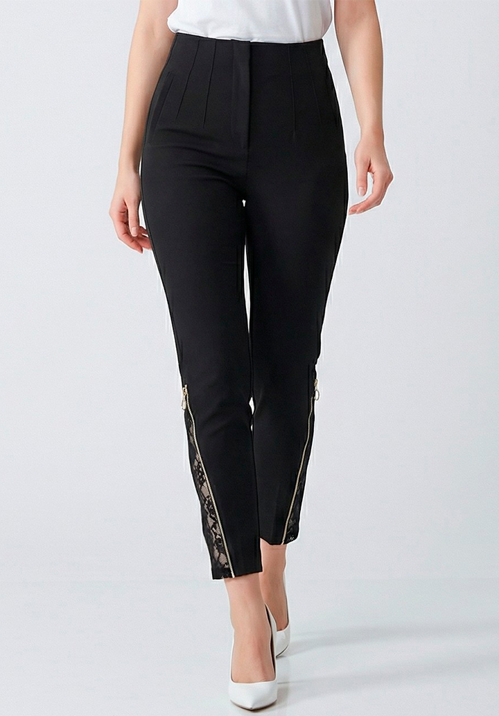Kadın Siyah Yüksek Bel Paçası Dantelli Fermuar Detaylı Pantolon - 2