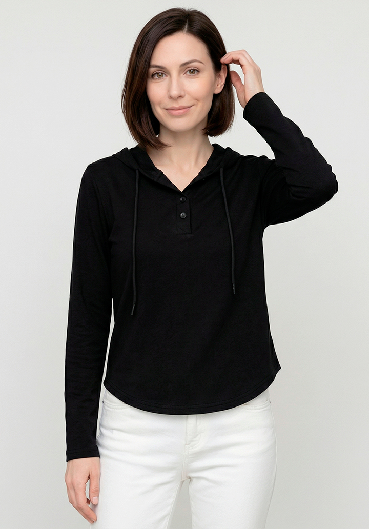 Kadın Düğme Yakalı Kapüşonlu İki İplik Bluz - 2