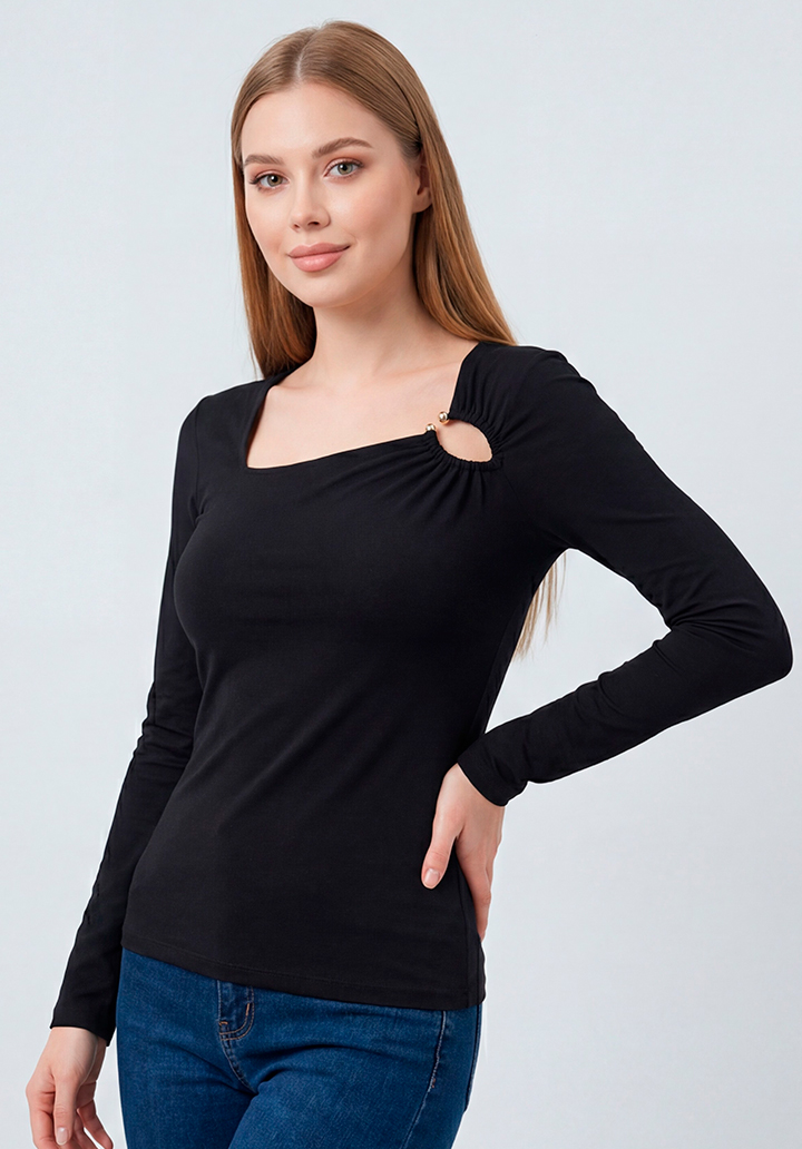 Uzun Kollu Asimetrik Yaka Halka Detaylı Bluz - 2