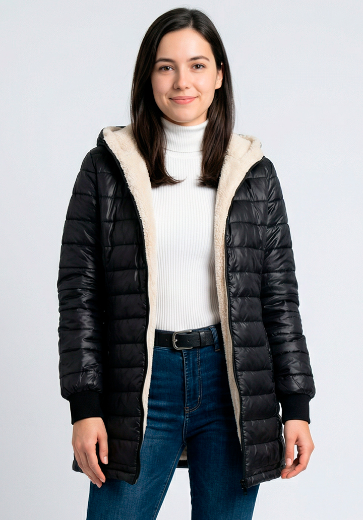 Kadın Uzun Kollu Kapşonlu Cep Detaylı Fermuarlı Orta Boy Mont - 2