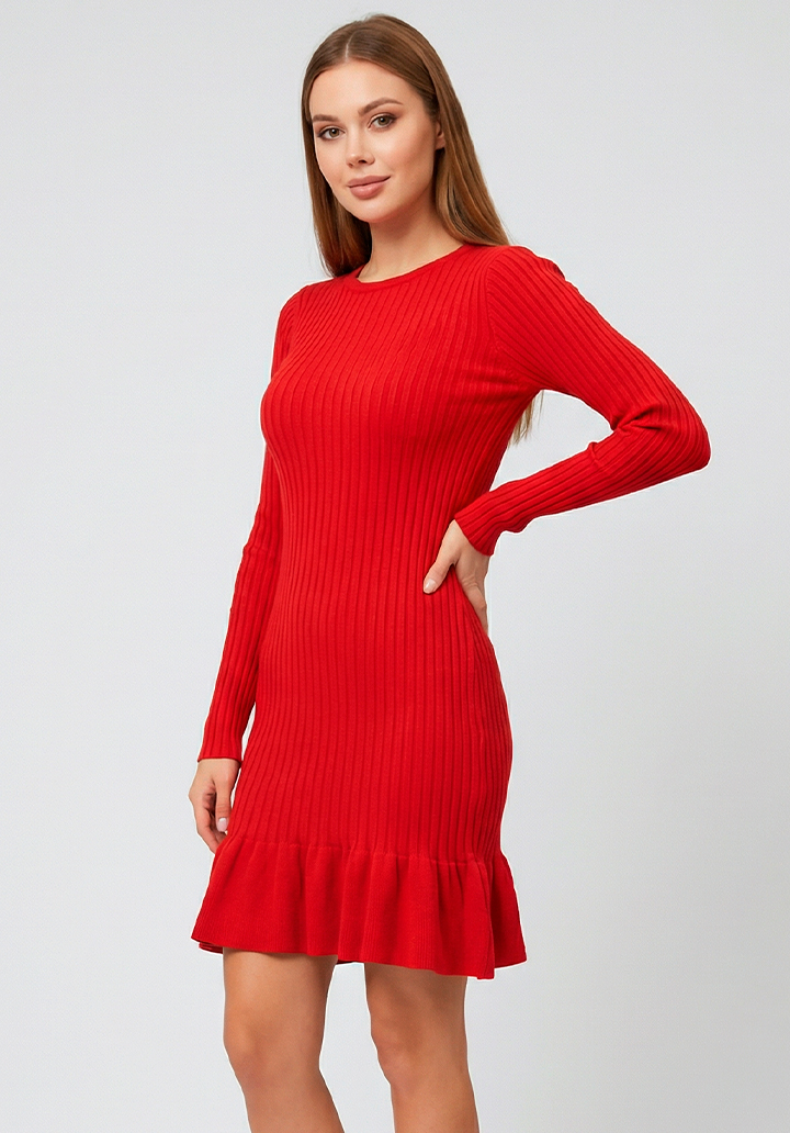 Kadın Bisiklet Yaka Uzun Kol Etek Ucu Fırfırlı Triko  Mini Boy Elbise - 2