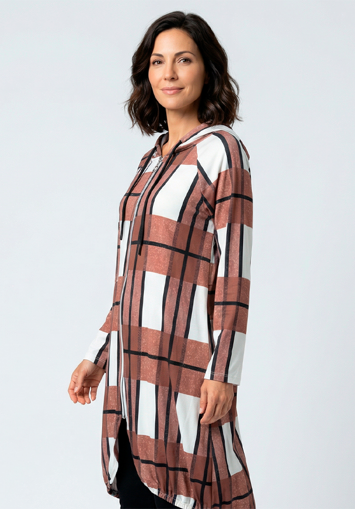 Kadın Kapüşonlu Ekose Desenli Cep Detaylı Şardonlu Ceket - 2