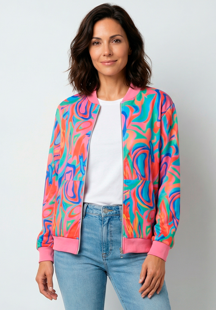 Kadın Kolları Ribana Detaylı Desenli Bomber Ceket - 2