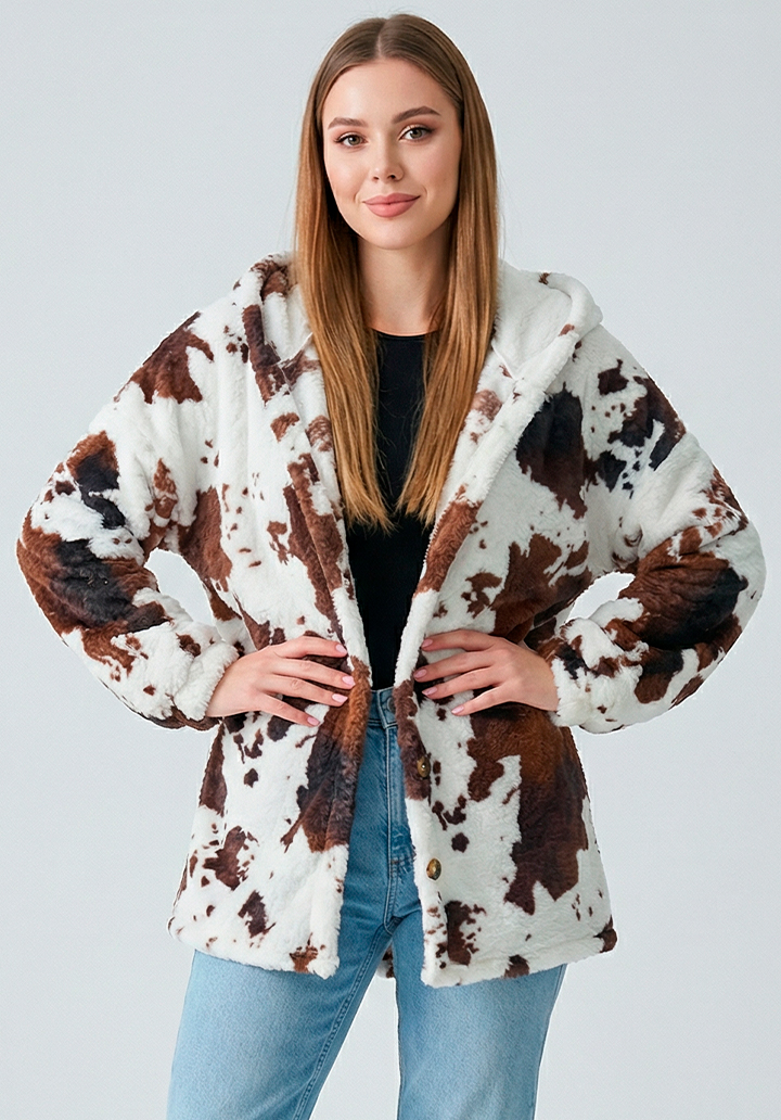 Kapüşonlu Desenli Peluş Hırka - 2