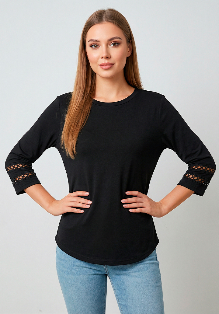 Siyah Kolu Dantel Detaylı Bisiklet Yaka Şık Kadın Bluz - 2