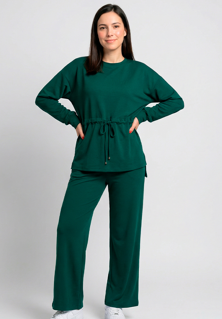 Kadın Beli Bağlamalı Büzgülü Rahat Kesim İki İplik Kumaş Alt Üst Takım - 2