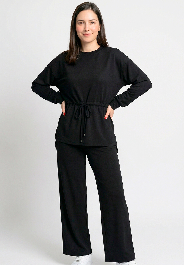 Kadın Beli Bağlamalı Büzgülü Rahat Kesim İki İplik Kumaş Alt Üst Takım - 2