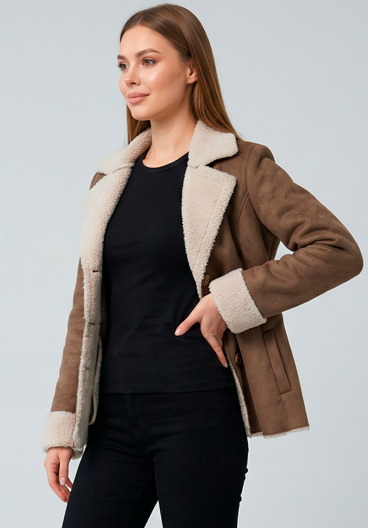 Kadın Kahverengi İçi Peluş Belden Oturtmalı Şık Süet Mont Ceket - 2
