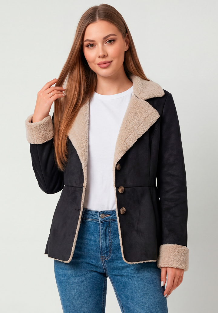 Kadın İçi Peluş Belden Oturtmalı Şık Süet Mont Ceket - 2