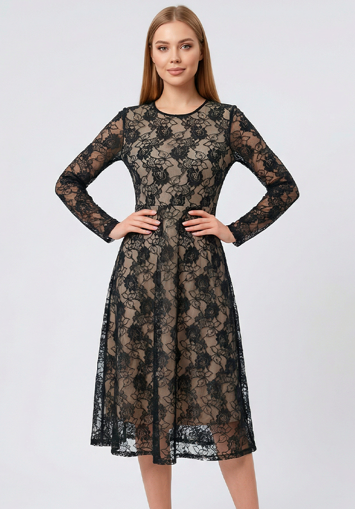 Siyah  Dantel Kaplamalı Ten Rengi Astarlı Midi Boy Elbisesi - 2