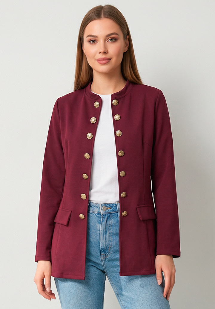Kadın Gold Düğme Detaylı Hakim Yaka Şık Atlas Ceket - 2