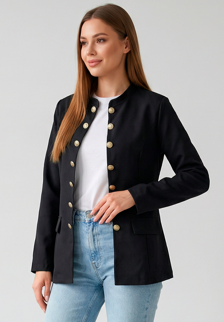 Kadın Gold Düğme Detaylı Hakim Yaka Şık Atlas Ceket - 2