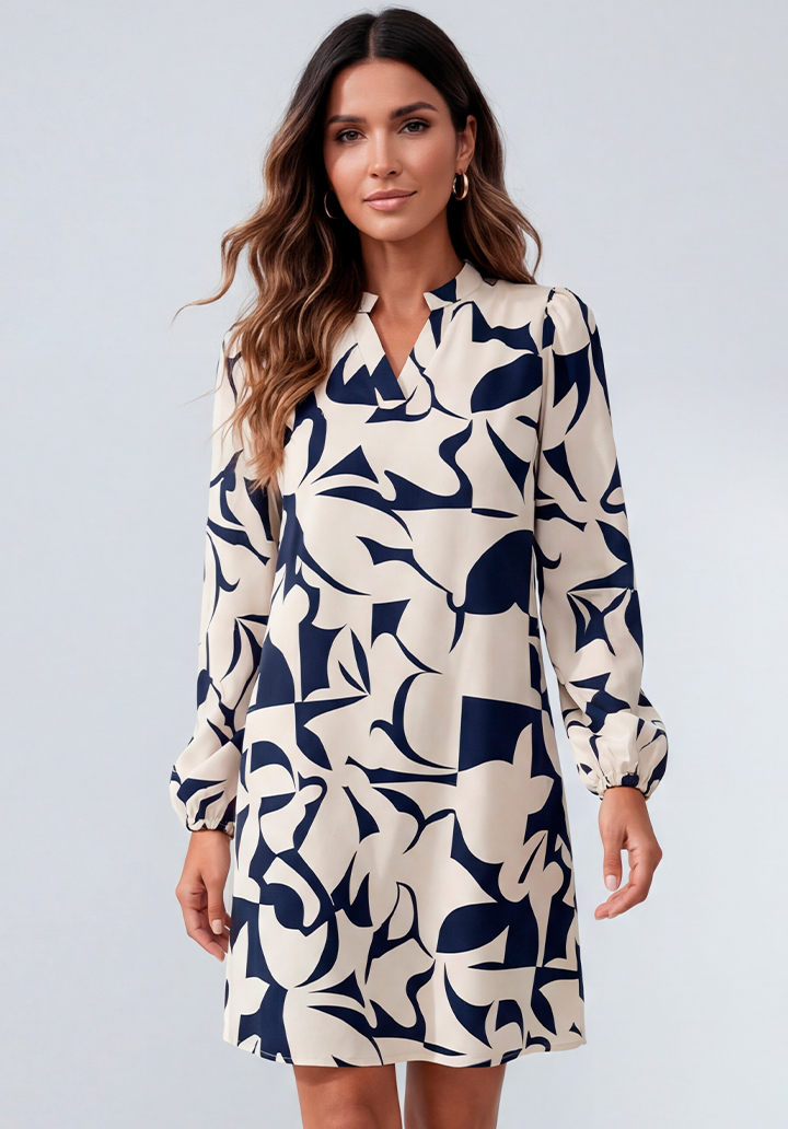 Uzun Kollu Geometrik Desenli V Yaka Kısa Elbise - 2