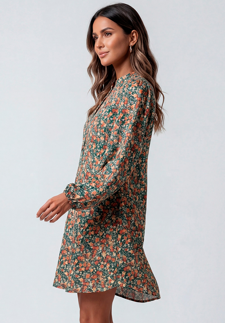 Uzun Kollu Çiçek Desenli V Yaka Kısa Elbise - 2