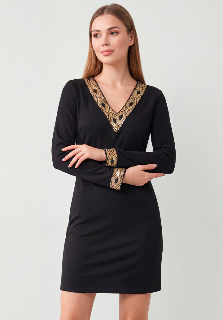 Pul Payet Detaylı V Yaka Siyah Uzun Kollu Mini Elbise - 2