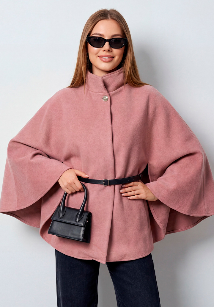 Yarım Kollu Kemerli Dik Yaka Kısa Kaşe Panço - 2