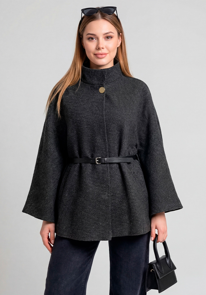 Yarım Kollu Kemerli Dik Yaka Kısa Kaşe Panço - 2