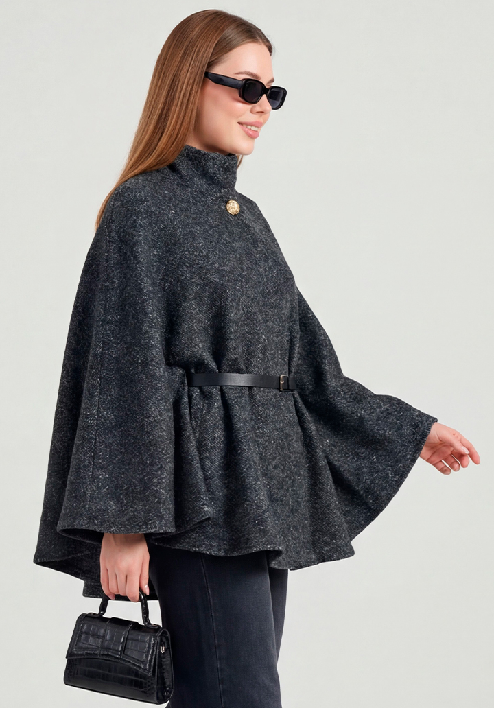 Yarım Kollu Kemerli Dik Yaka Kısa Kaşe Panço - 2