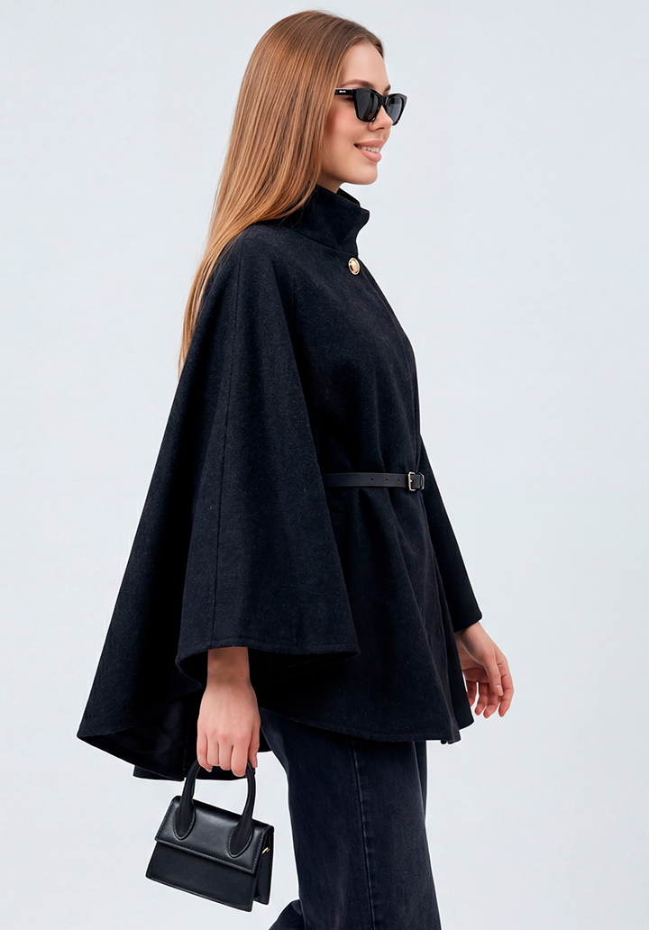 Yarım Kollu Kemerli Dik Yaka Kısa Kaşe Panço - 2