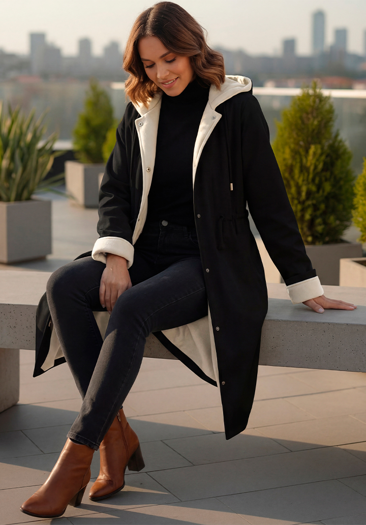 Kapüşonlu İçi Kaşe Su Geçirmez Mikro Kumaş Midi Boy Mont - 2