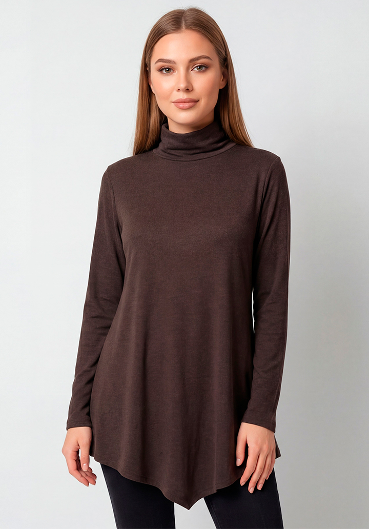Yün Viskon Boğazlı Asimetrik Kesim Uzun Kahverengi Tunik - 2