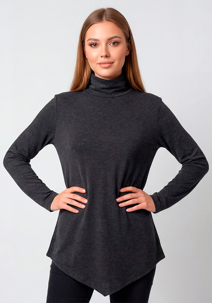 Yün Viskon Boğazlı Asimetrik Kesim Uzun Kahverengi Tunik - 2