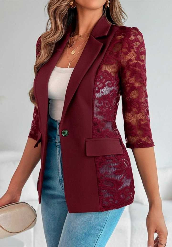 Atlas Kumaş Dantel Detaylı Truvakar Kol Blazer Ceket - 2