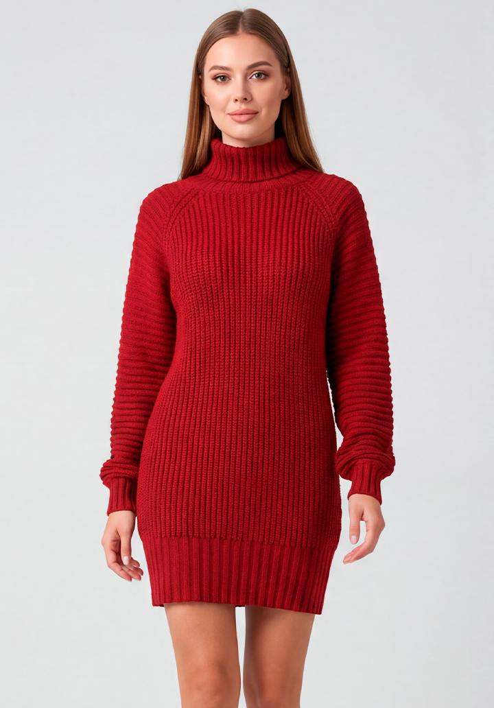 Oversize Rahat Kesim Kırmızı Boğazlı Mini Triko Elbise - 2