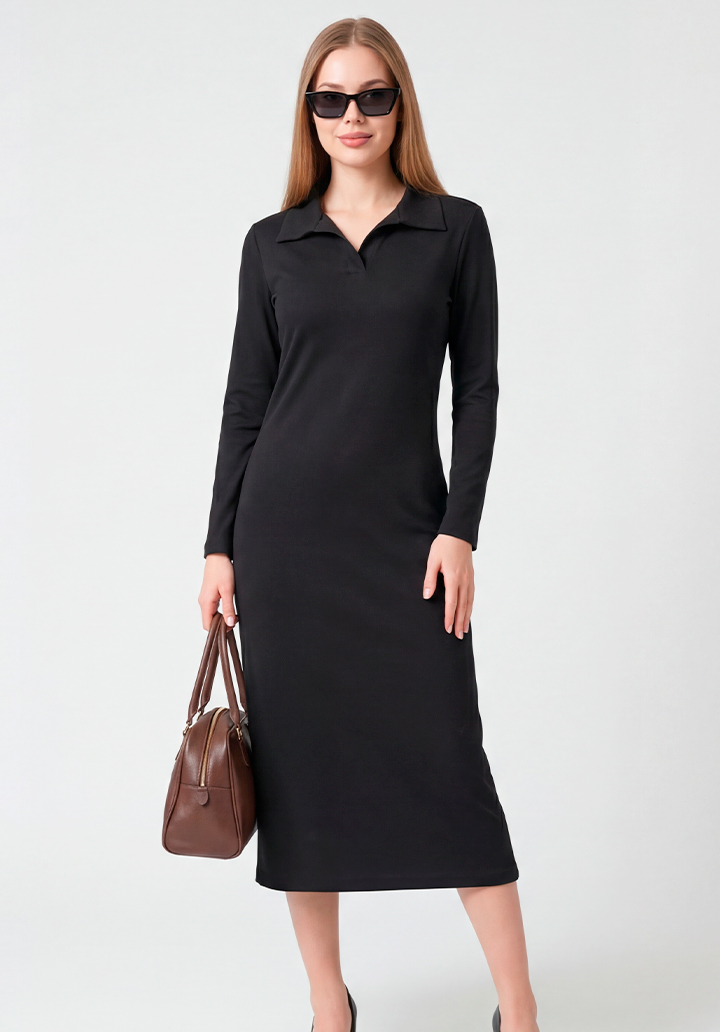 Siyah Polo Yaka Yırtmaçlı Uzun Kollu Midi Boy Elbise - 2