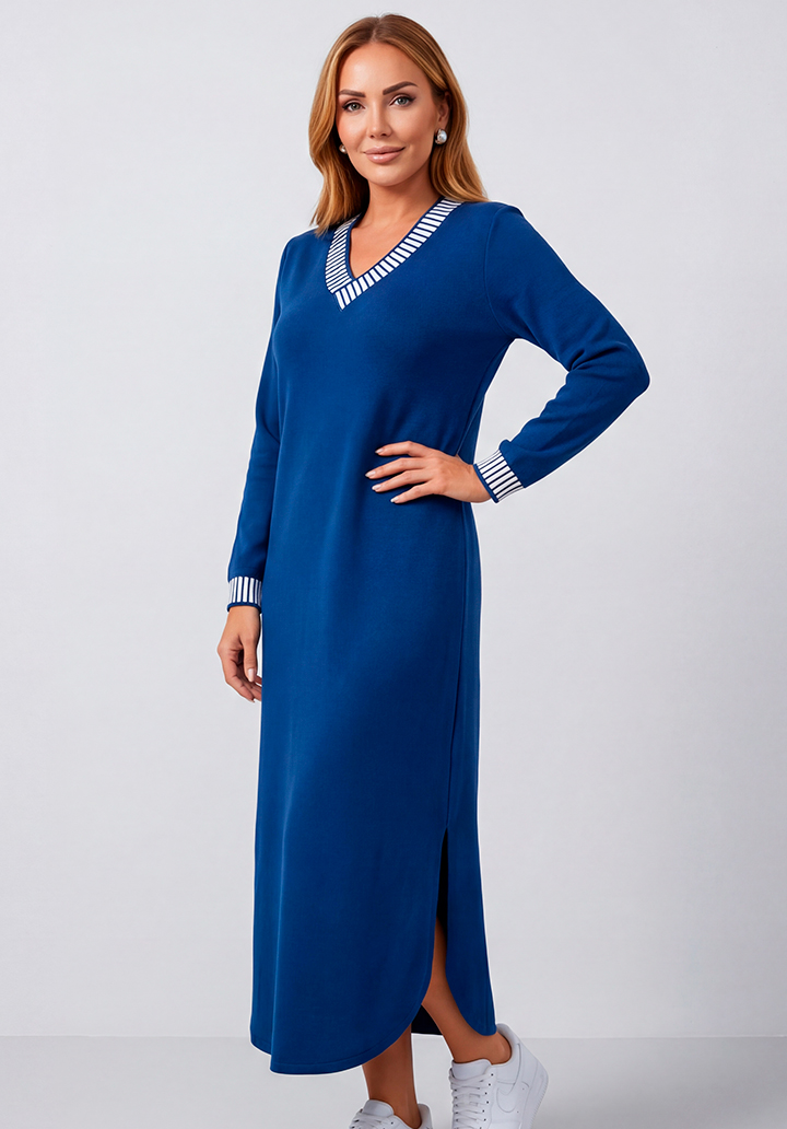 Casual Mavi Uzun Kol Çizgili Yaka Detaylı İki İplik Elbise - 2