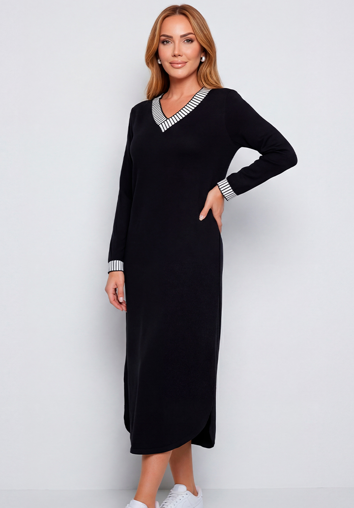 Casual Mavi Uzun Kol Çizgili Yaka Detaylı İki İplik Elbise - 2