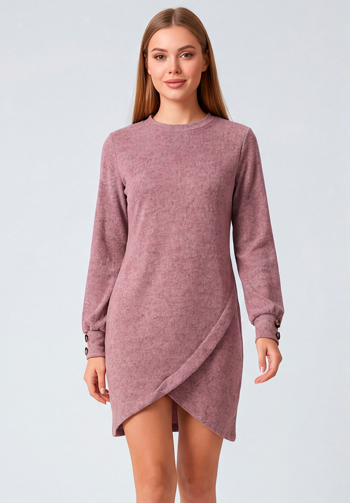 Casual Şık Düğme Detaylı Asimetrik Kesim Kruvaze Sarma Yumoş Elbise - 2