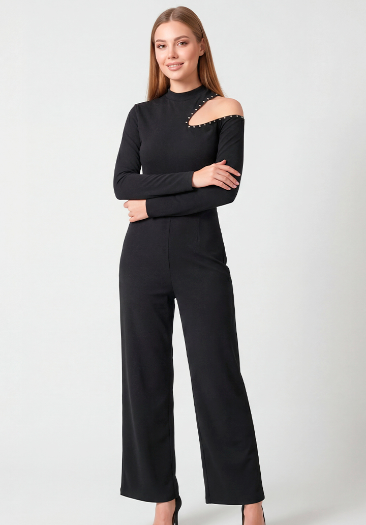 Siyah İnci Detaylı Tek Omuz Açık Balıkçı Yaka Uzun Kol Tulum - 2