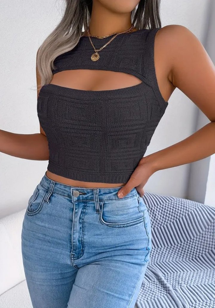 Kadın Askılı Bisiklet Yaka Göğüs Dekolteli Triko Crop Bluz - 2