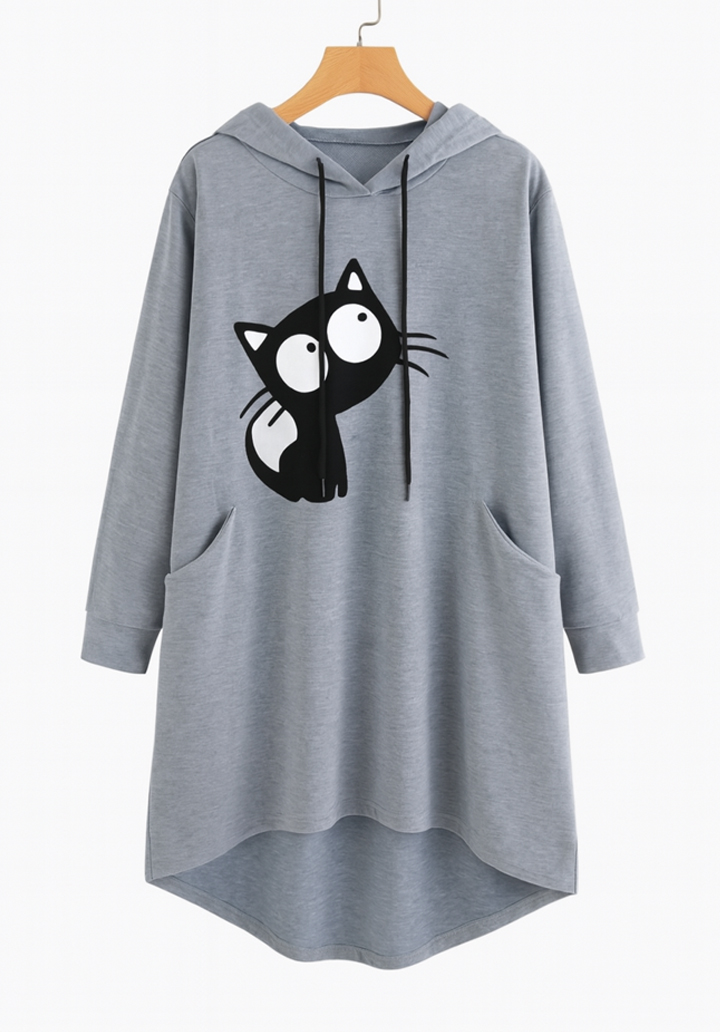 Kedi Baskılı Kapüşonlu Sweat Tunik - 2