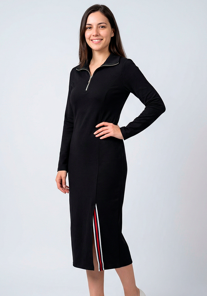 Kadın Önden Fermuarlı Yırtmaçlı İki İplik Midi Boy Elbise - 2