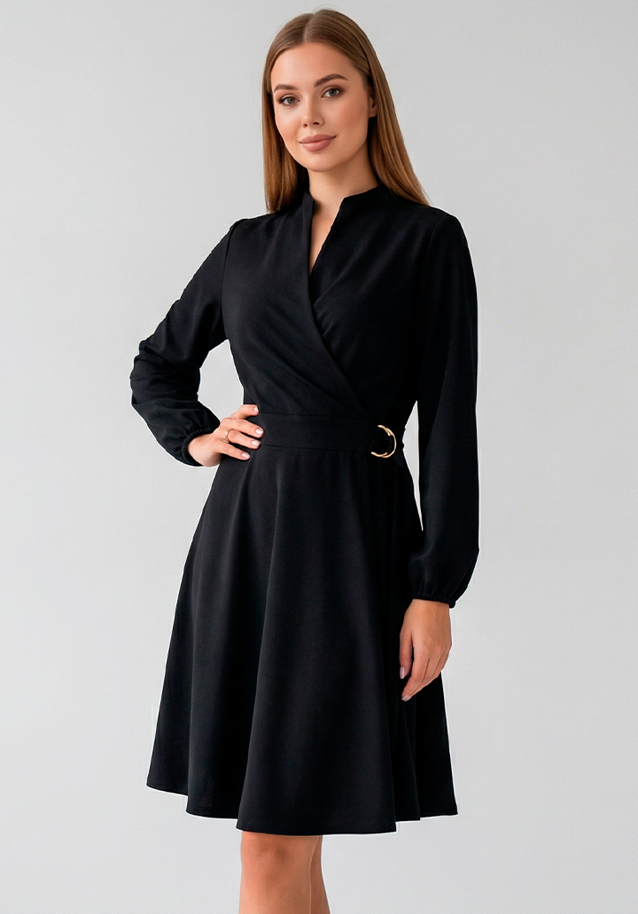 Kadın Belden Bağlamalı Toka Detaylı Krep Kumaş Mini Kloş Elbise - 2