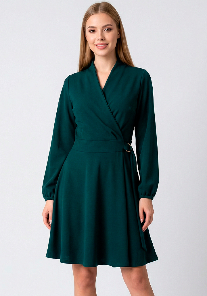 Kadın Belden Bağlamalı Toka Detaylı Krep Kumaş Mini Kloş Elbise - 2