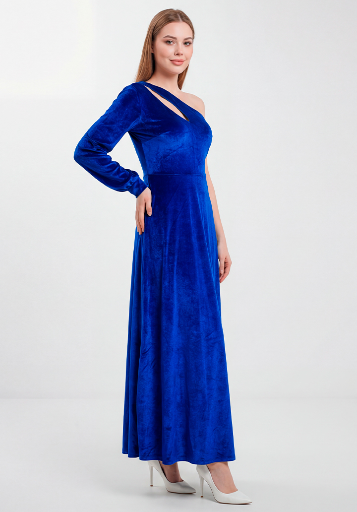 Tek Omuz Dekolteli Uzun Kadife Gece Elbisesi - 2