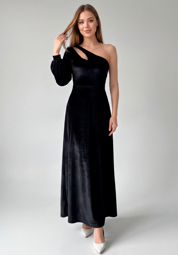 Tek Omuz Dekolteli Uzun Kadife Gece Elbisesi - 2