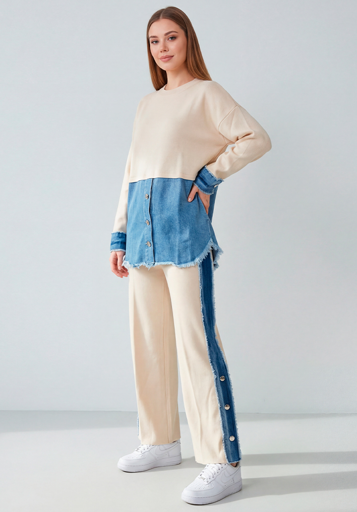 Kot Garnili Yanları Düğme Detaylı Triko Pantolon Tunik İkili Takım - 2