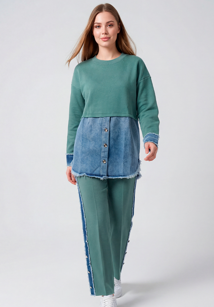 Kot Garnili Yanları Düğme Detaylı Triko Pantolon Tunik İkili Takım - 2